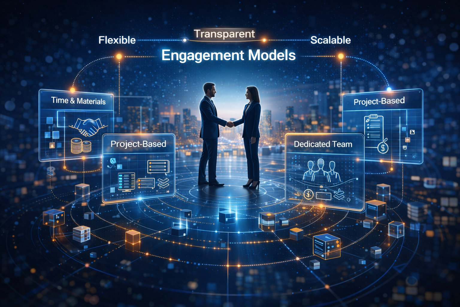 Digital illustration of two business professionals shaking hands in the center, surrounded by floating digital interface panels with icons and text related to engagement models, project-based work, and dedicated teams, set against a futuristic cityscape background.
