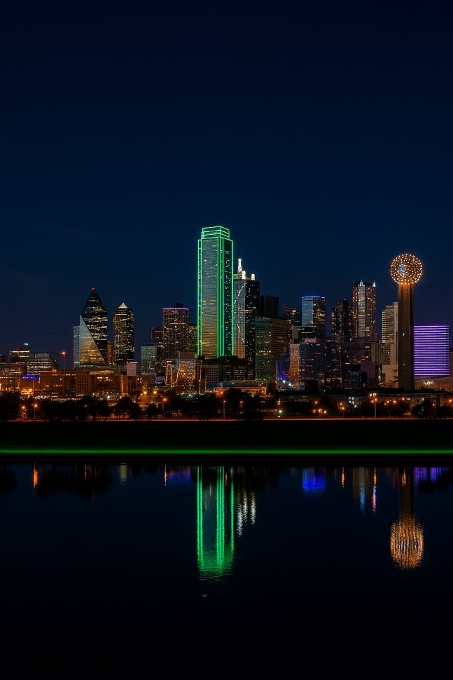 Night view of the Dallas skyline with illuminated buildings and their reflections in the water.