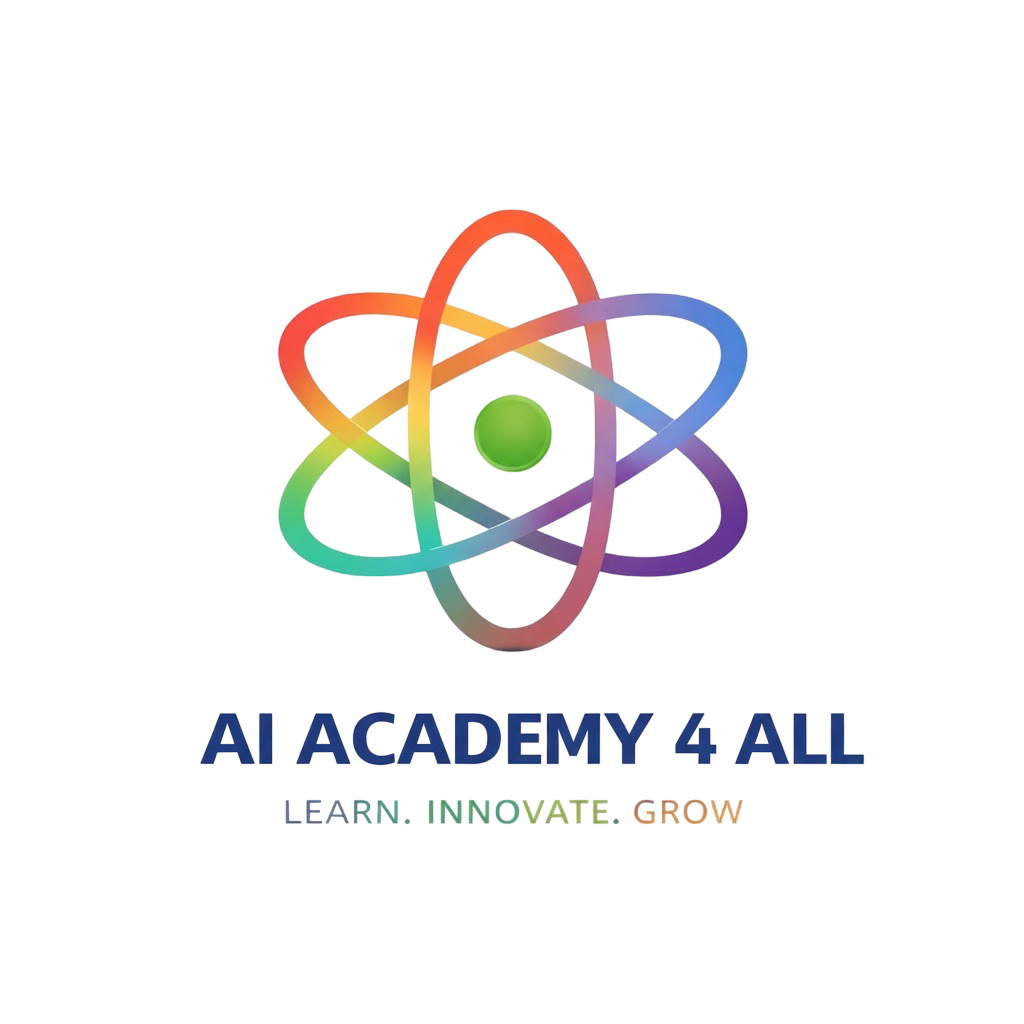 Logo for AI Academy 4 All with the tagline 'Learn. Innovate. Grow. with a stylized rainbow colored atom model.