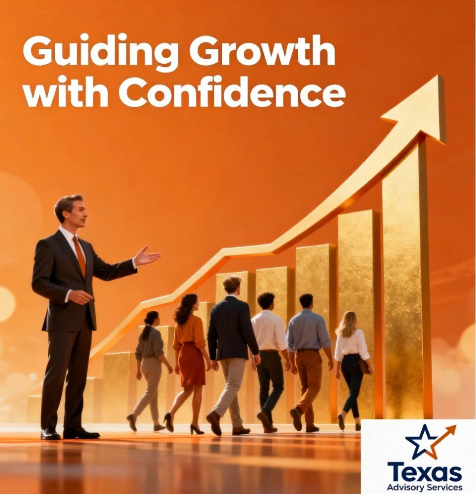 A business presentation slide with the title 'Guiding Growth with Confidence' and an upward trending arrow graph. Seven diverse people are walking toward the arrow, and a man in a suit is gesturing toward it. The Texas Advisory Services logo is in the bottom right corner.