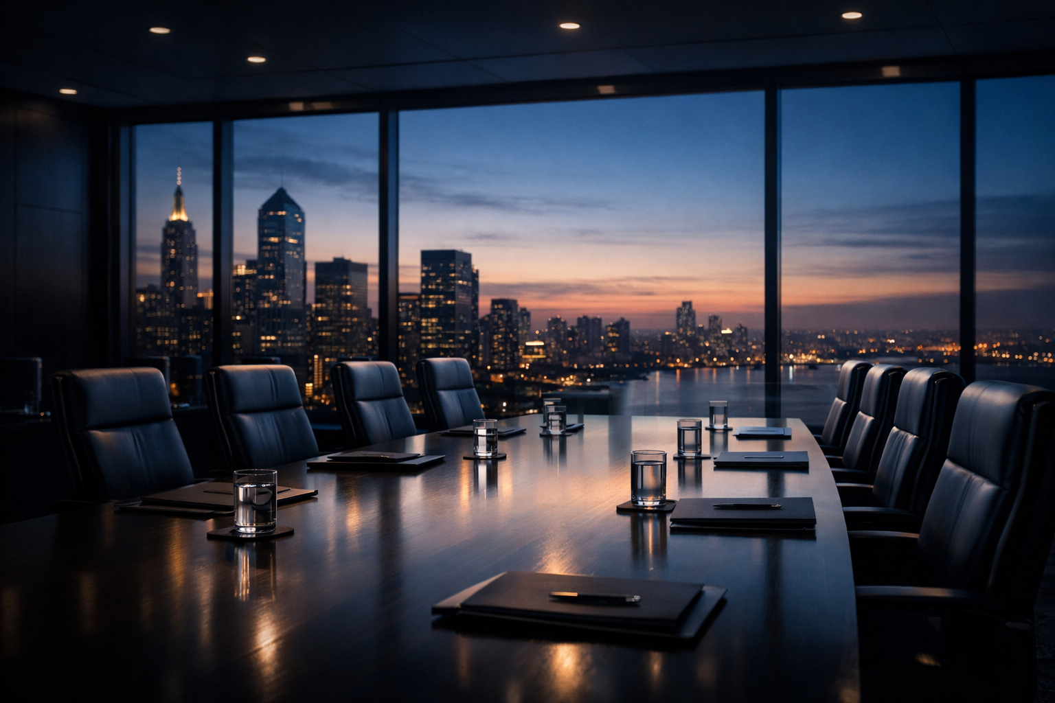 Empty conference room with a long table set with glasses and notebooks, overlooking a city skyline at dusk through large windows.