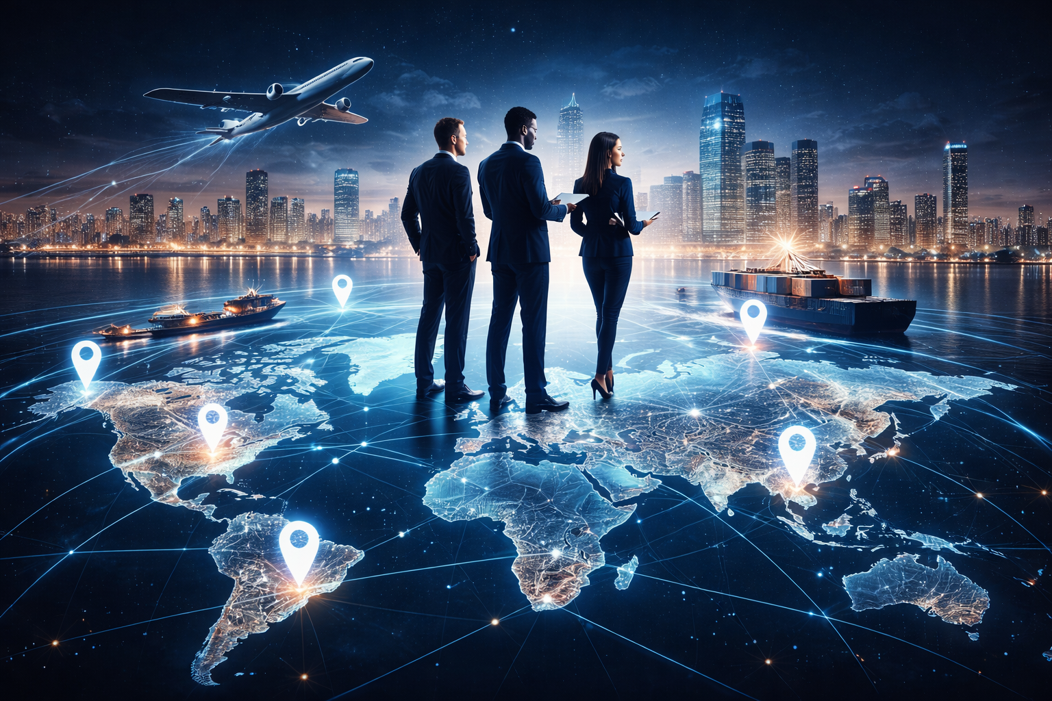 A digital illustration of a world map with connected location markers, featuring business professionals in suits analyzing data, with a city skyline, ships, and an airplane in the background.