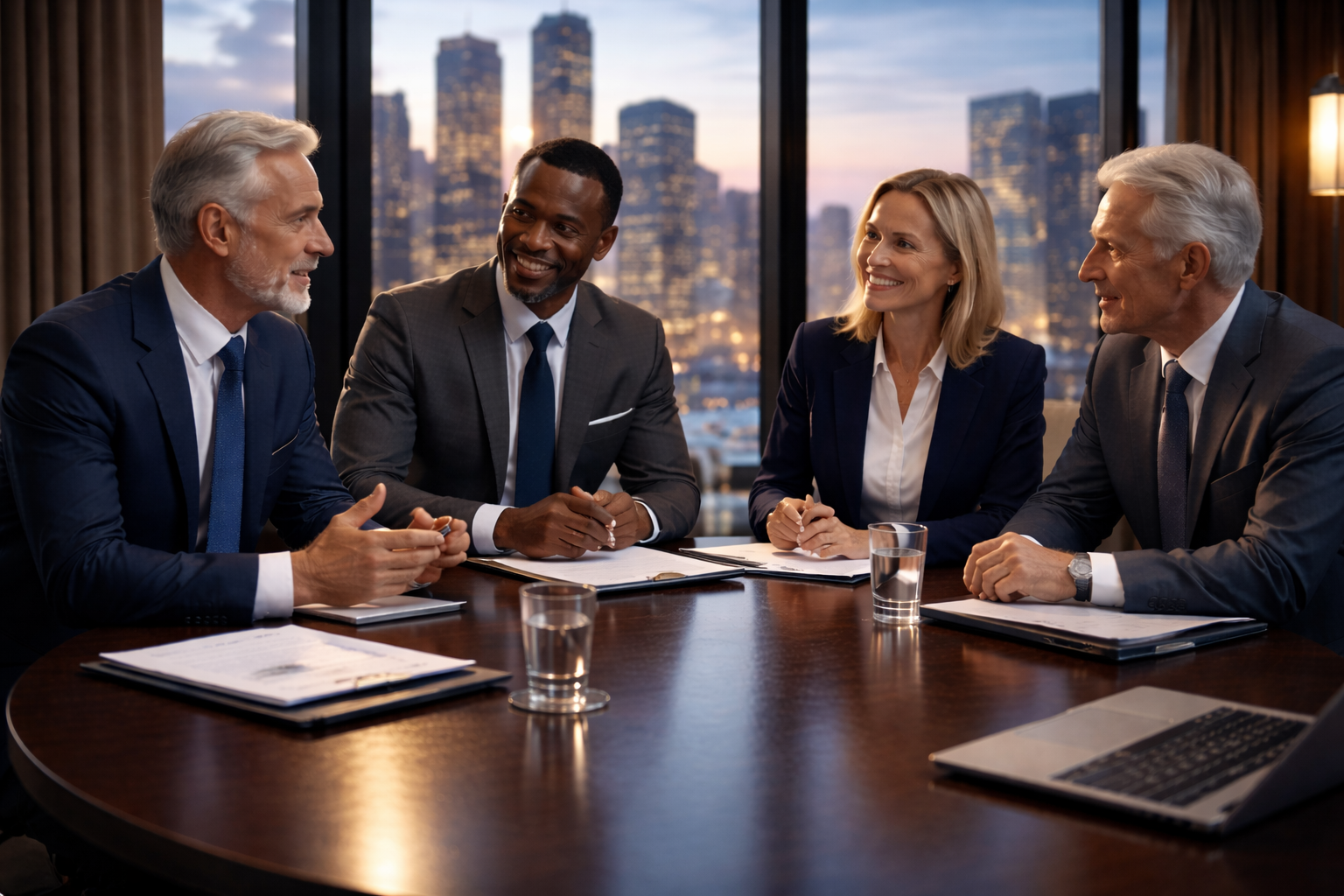 Four business professionals, two men and two women, sitting at a conference table in a modern office with a city skyline view at dusk, engaged in a discussion and smiling.