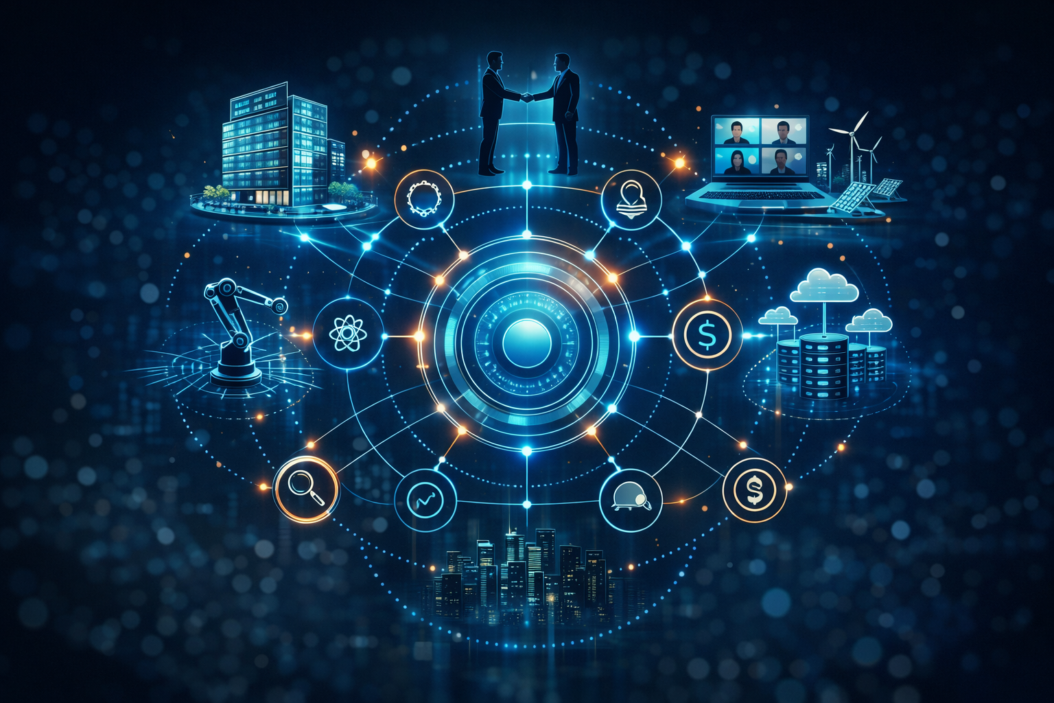 Digital illustration of interconnected icons representing technology, business, finance, cloud computing, renewable energy, and collaboration, with a cityscape at the bottom and two people shaking hands at the top.