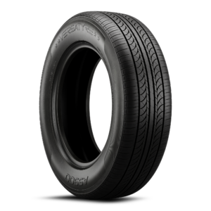 A black rubber tire with detailed tread pattern