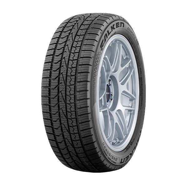 A close-up image of a Falken all-season tire mounted on a white alloy wheel, isolated on a white background.