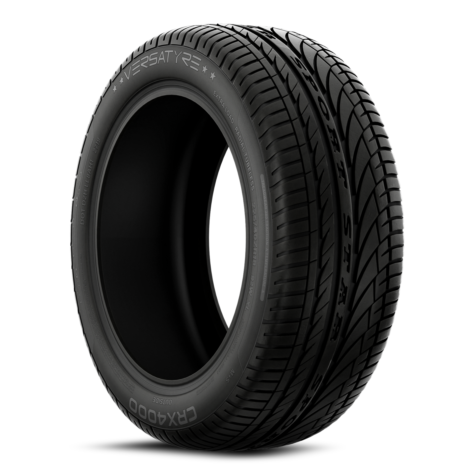 A black all-season tire with tread pattern and sidewall markings visible, isolated against a black background.
