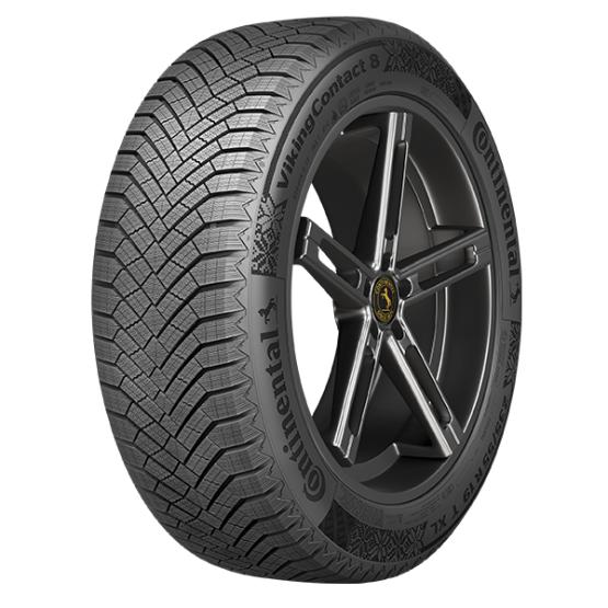 A close-up of a Continental VikingContact 8 tire mounted on a black alloy wheel with a yellow center cap, showing the tread pattern and sidewall details.