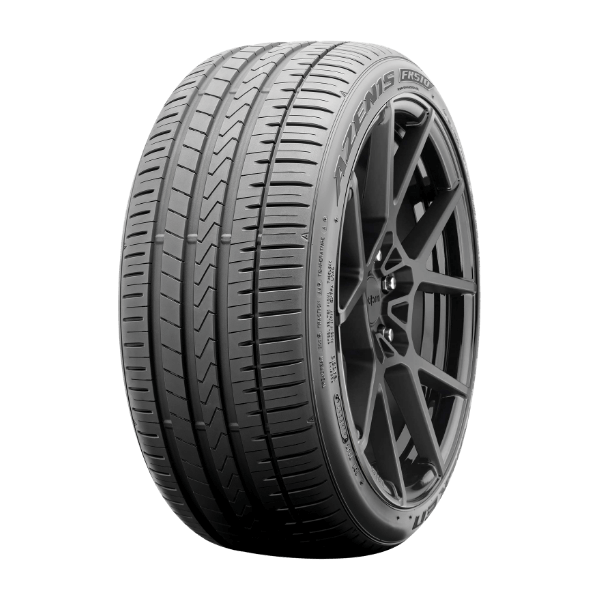 A black car tire with a modern alloy wheel design against a white background.