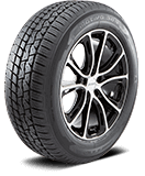 Close-up of a car tire and alloy wheel.