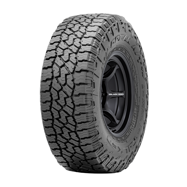 A large off-road tire with a rugged tread pattern and a black rim with the label 'Black Rhino' in the center.