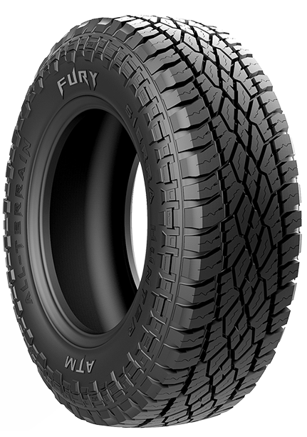 A black all-terrain tire with deep tread patterns and the words "FURY" and "ALL-TERRAIN" printed on the sidewall.