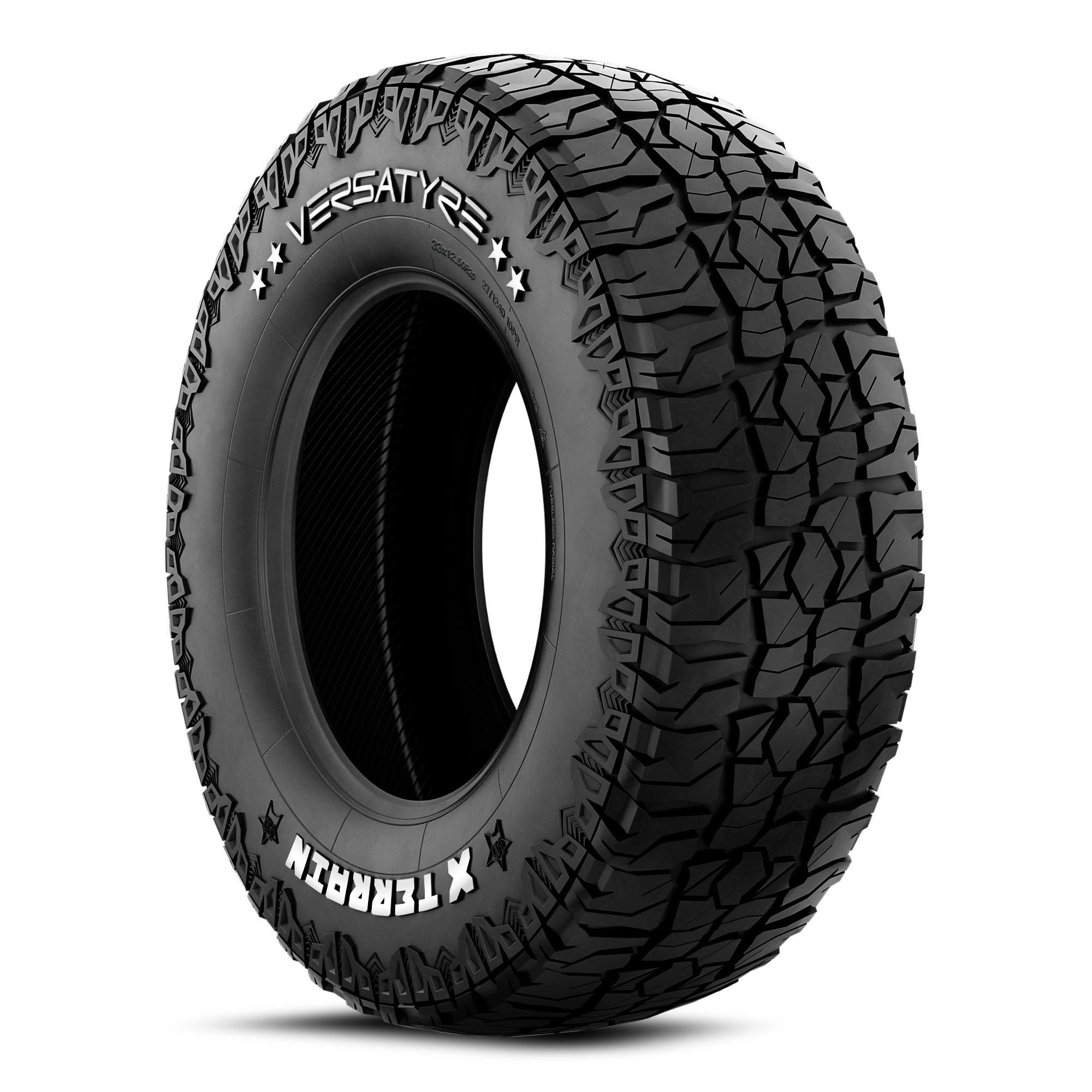 A black off-road tire with rugged tread pattern and white text on the sidewall reading 'X TERRAIN' and 'VERSATRE'.