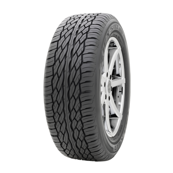 A black tire with a detailed tread pattern mounted on a silver alloy wheel.
