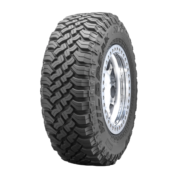 Close-up of an off-road tire with a rugged tread pattern and a metallic wheel rim.