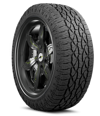 A tire with a black wheel rim and a rugged tread pattern.