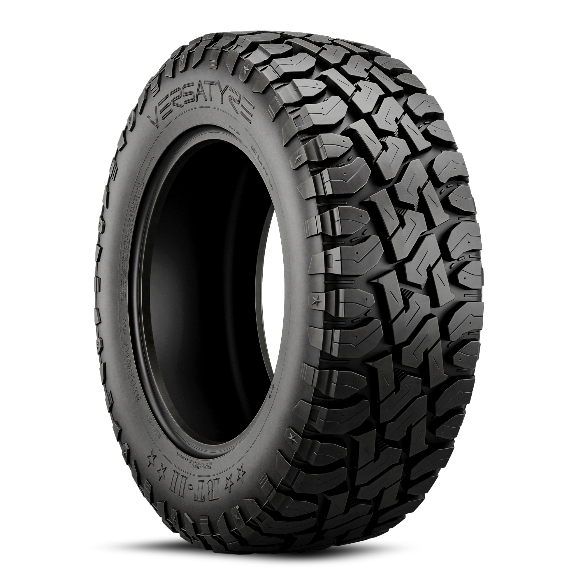 A rugged black off-road tire with deep tread pattern, sidewall markings, and branding for off-road vehicle use.