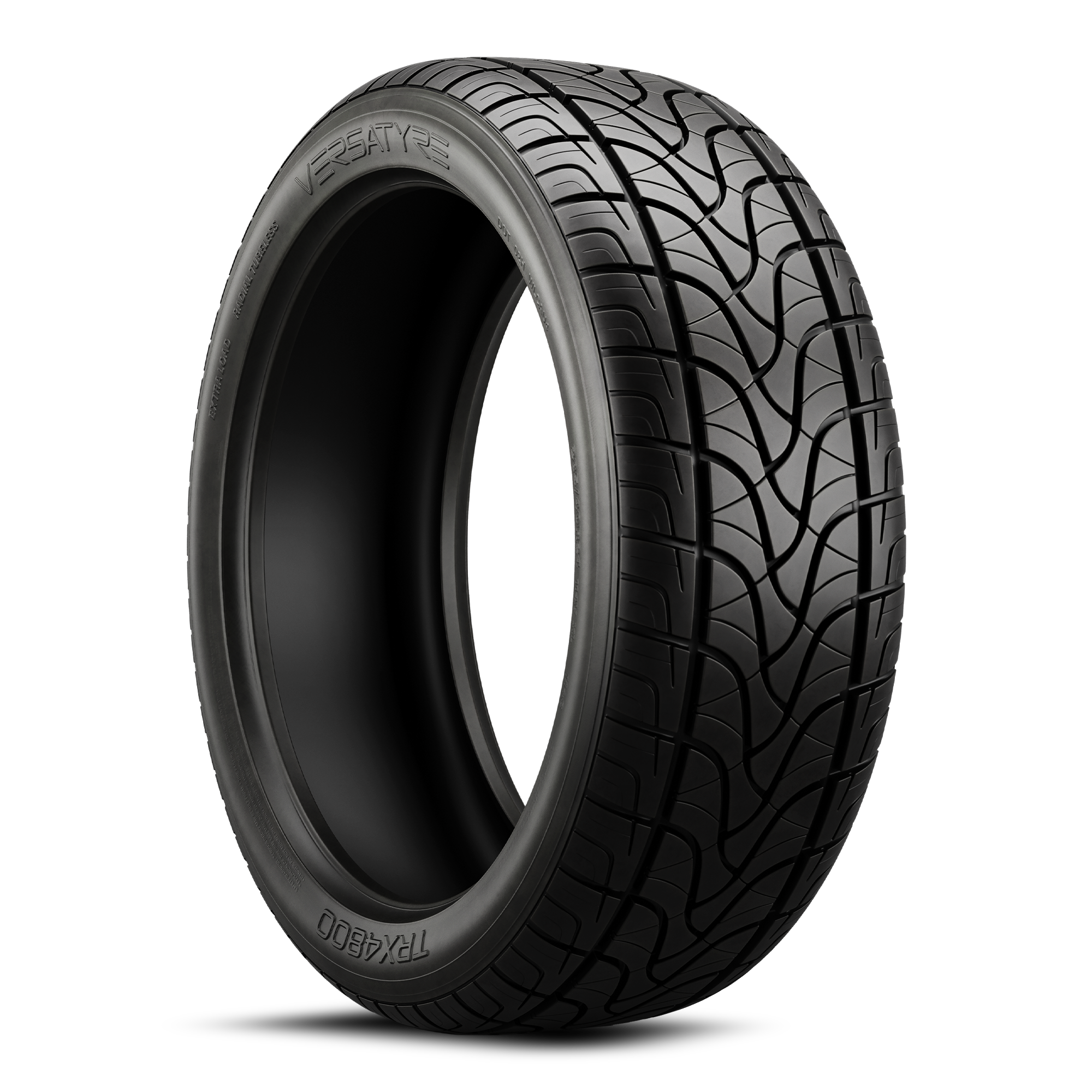 A black tire with a detailed tread pattern isolated on a black background.