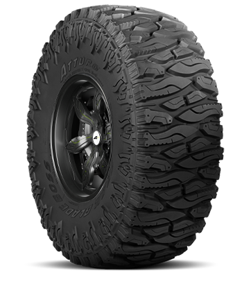 A large off-road tire with deep treads and a black wheel rim.