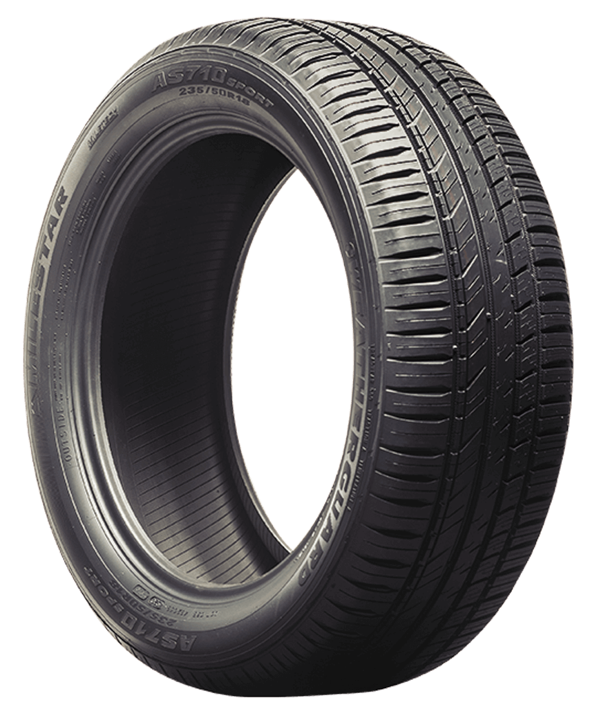 A black car tire with detailed tread pattern and sidewall markings.