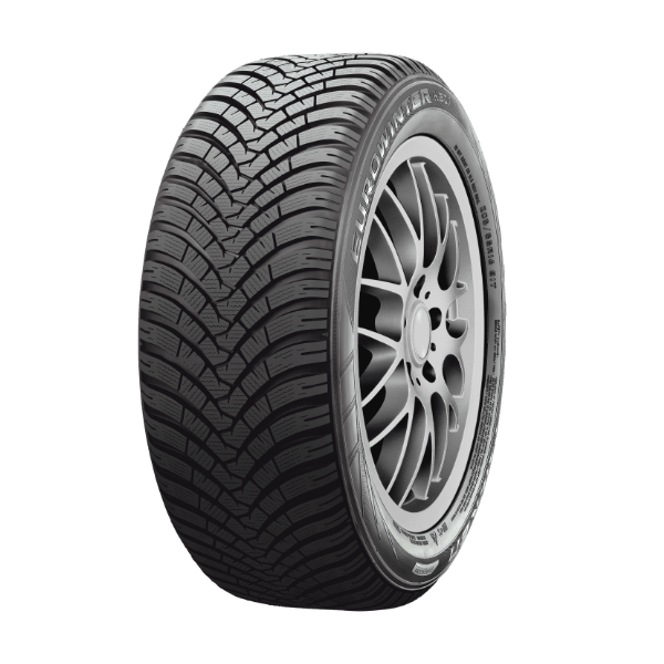 A car tire with an alloy wheel, featuring a detailed tread pattern, isolated on a black background.