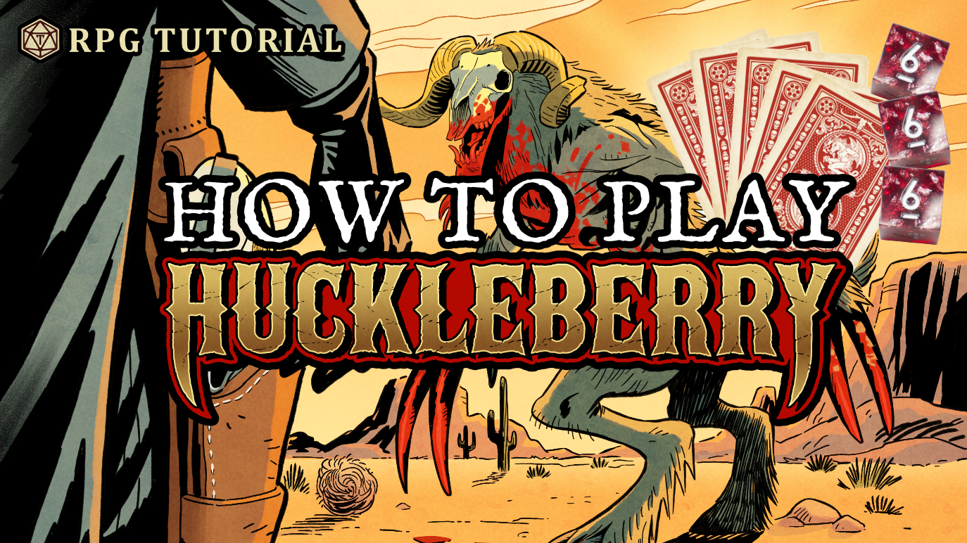 Cartoon illustration for a tutorial on playing the card game Hucklebear, featuring a creature with a goat skull head, long claws, and a bloodstained mouth, set in a desert landscape with cacti and a full moon, with poker cards and dice in the foreground.