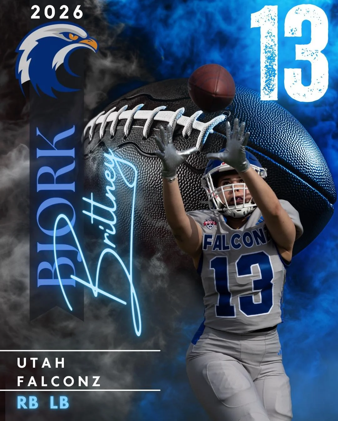 Meet Britt #13 &bull; RB / LB

From Loveland, Colorado, a signature treasury management coordinator, going into her 3rd season with the Falconz.

Britt found football through flag and quickly fell in love with the game. After getting recruited to pla