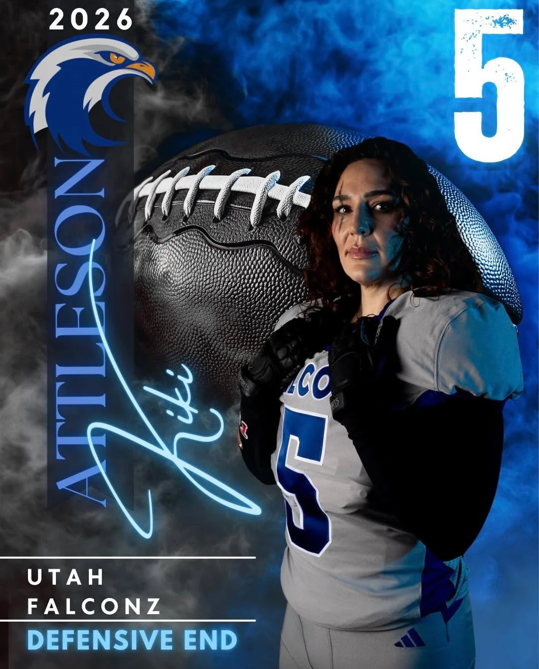 Meet Kiki #5 &bull; DE

From Annabella, Utah, SLCC alum, entrepreneur, and mom, heading into her second season with the Falconz. 

Kiki started playing women&rsquo;s football in 2023, and her favorite memory so far is her very first play of the 2025 