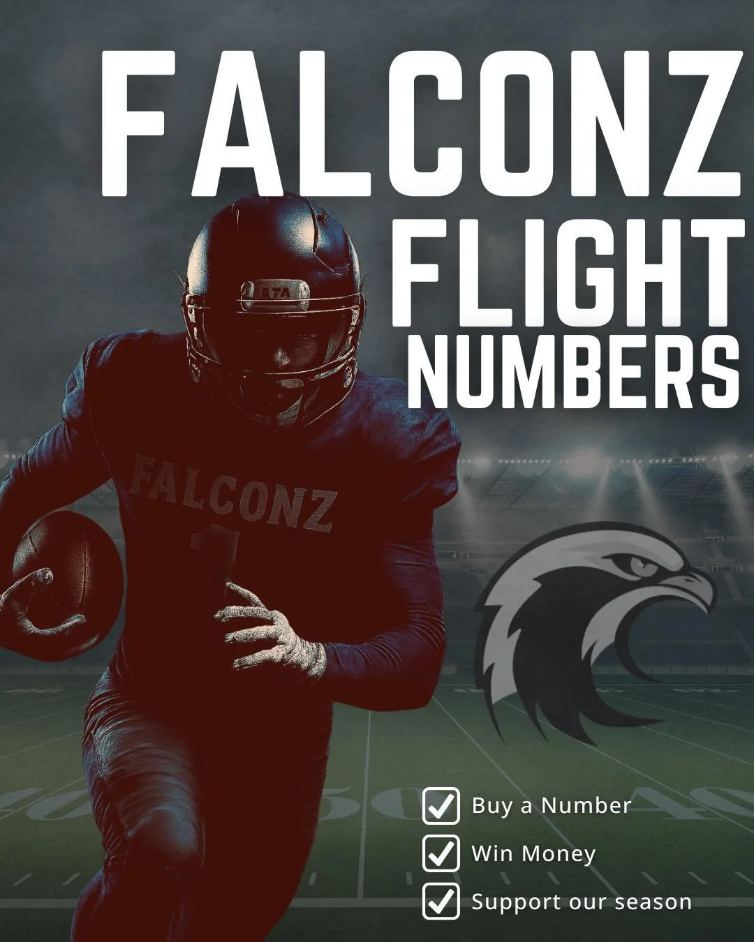 🦅FALCONZ FLIGHT NUMBERS🦅

For $75 (tax-deductible!), you&rsquo;ll claim an exclusive Supporter Number &mdash; pick any number 1&ndash;300. Once you choose your number and pay, that number becomes your entry for all drawings.

On drawing days, if yo