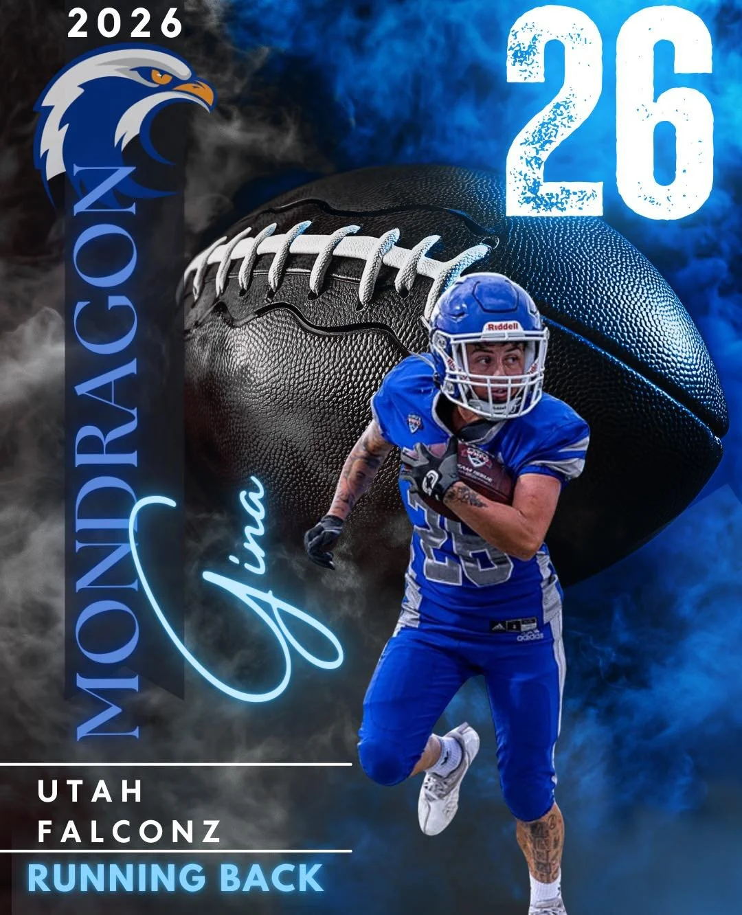 Meet Gina #26 &bull; RB

Salt Lake City local, transportation supervisor, entrepreneur, and returning to her fifth year with the Falconz.

Gina started playing football as soon as she turned 18 and she hasn&rsquo;t looked back since. One of her favor