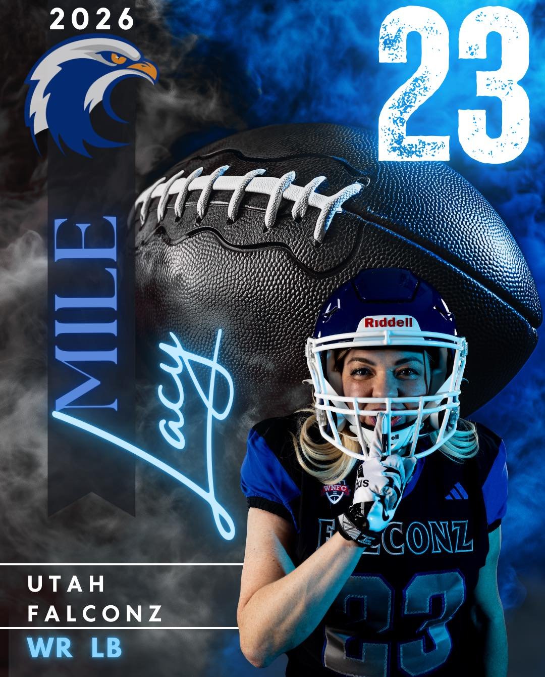 Meet Lacy #23 &bull; WR / LB

From Bellevue, KY, Northern Kentucky University alum, Director of Sales in tech, mom of two, team president, and eight-year Falconz vet. 

Lacy first played football as a little girl because she wanted to do everything h