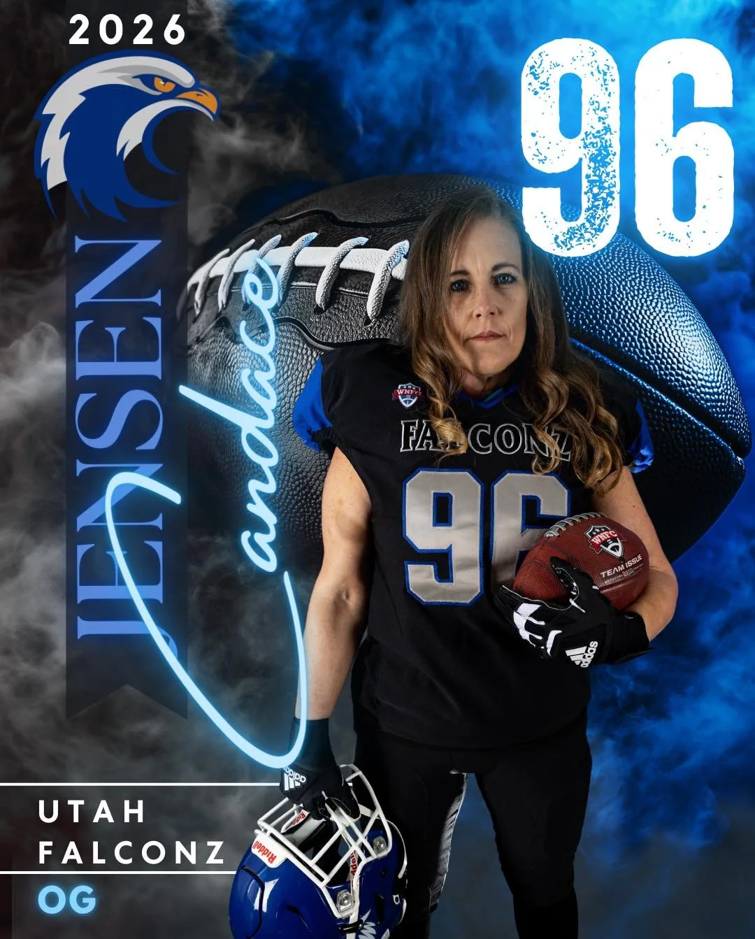 Meet Candace #96 &bull; OG

Utah local, insurance underwriter, football coach, and returning for her 4th season.

Candace was introduced to the Falconz when a few players who coached her son invited her to a camp. One practice was all it took &mdash;