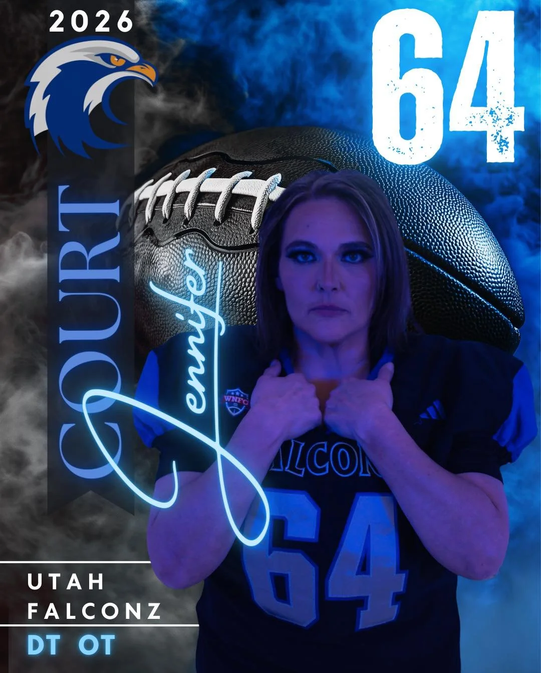Meet Jennifer #64 &bull; DT / OT

Mountain View, Wyoming native, UVU and Argosy University alum, clinical mental health counselor, and 11-year veteran of the Falconz.

Jennifer started playing tackle football to prove to herself that she was stronger
