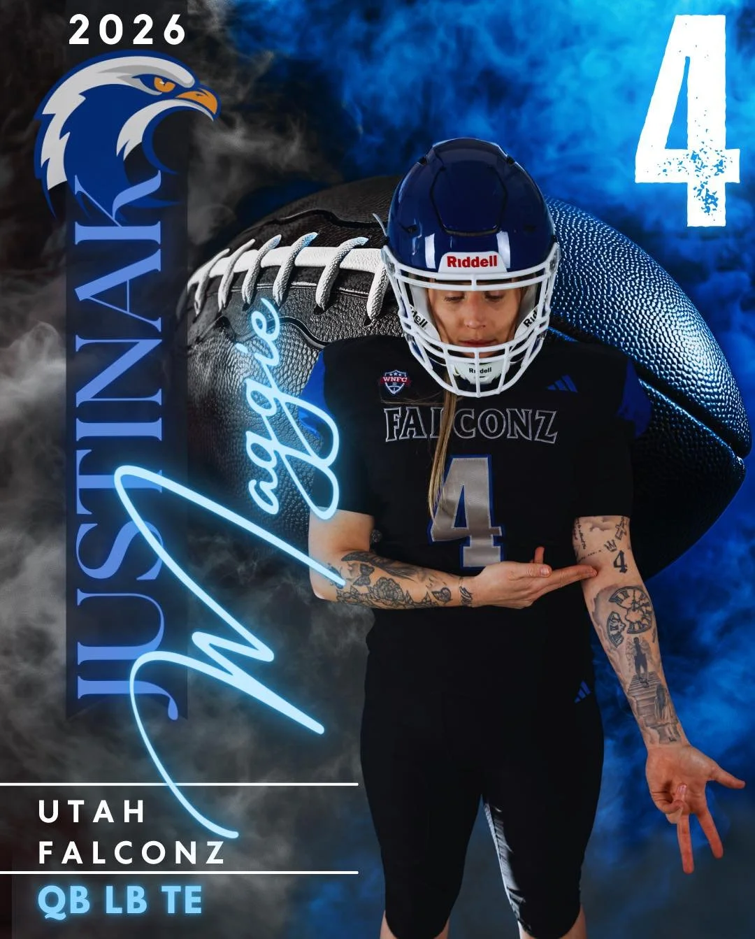 Meet Maggie #4 &bull; QB / LB / TE

Chassell, Michigan native, MSU Denver alum, social studies teacher, and heading into her rookie season with the Falconz!

One of Maggie&rsquo;s favorite memories so far was her very first offensive play, the moment