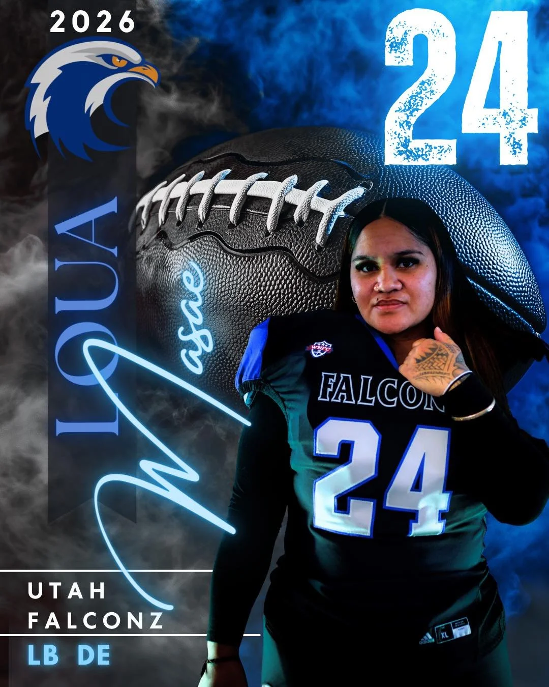 Meet Sae #24 &bull; LB / DE

From Waipahu, Hawaii, certified nursing assistant, mom of two, and rookie Falcon.

Sae started playing women&rsquo;s tackle football after her flag football teammates finally convinced her to give it a shot. While she&rsq
