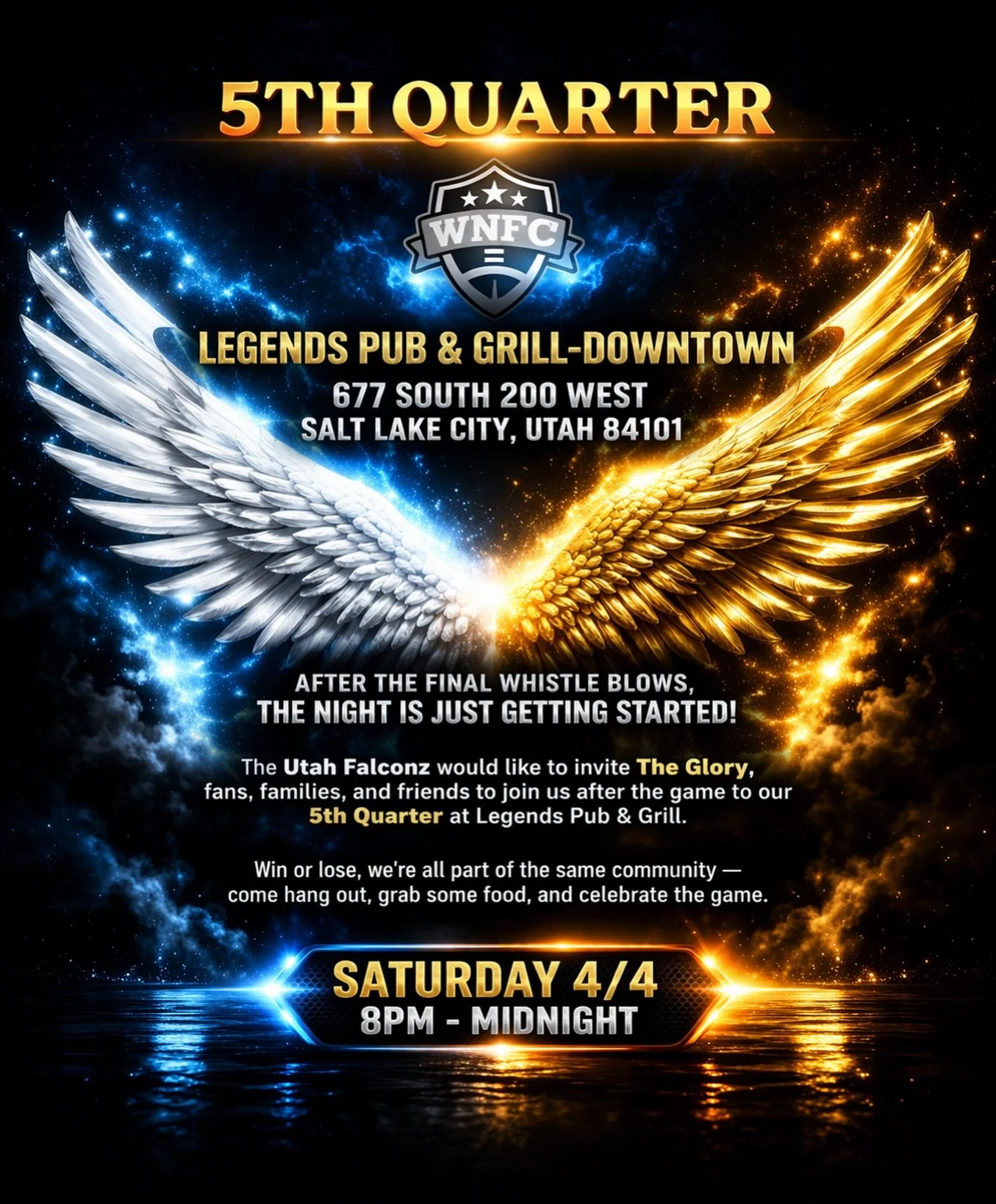 The Utah Falconz would like to invite Kansas City Glory, fans, family, and friends for a night of good vibes, food, and community, because win or lose, we&rsquo;re all part of the same game.

Join us after the whistle for our 5th Quarter!
🗓️ Saturda