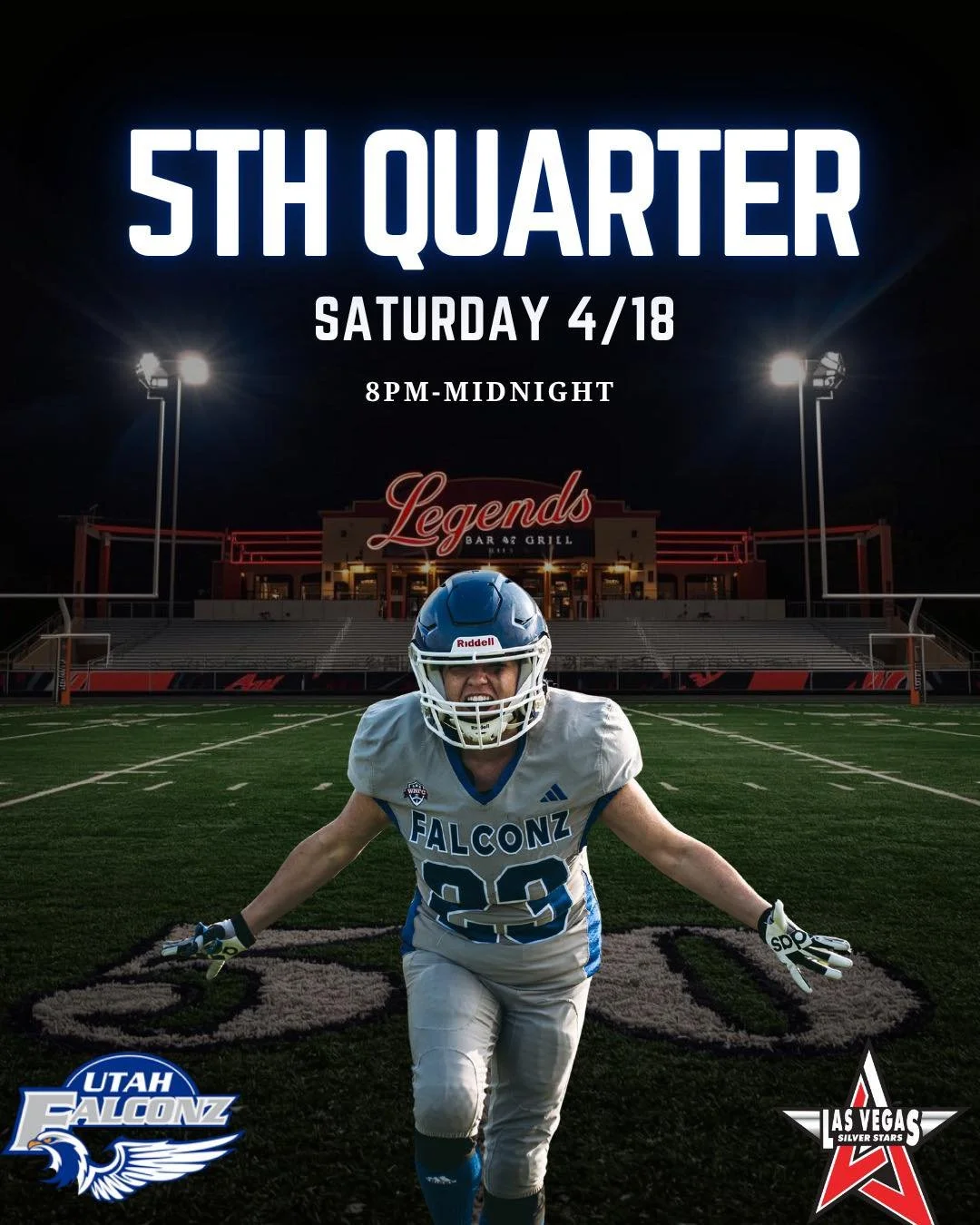 The Utah Falconz would like to invite the Las Vegas Silver Stars, fans, family, and friends for a night of good vibes, food, and community, because win or lose, we're all part of the same game.

Join us after the whistle for our 5th Quarter!
🗓️ Satu
