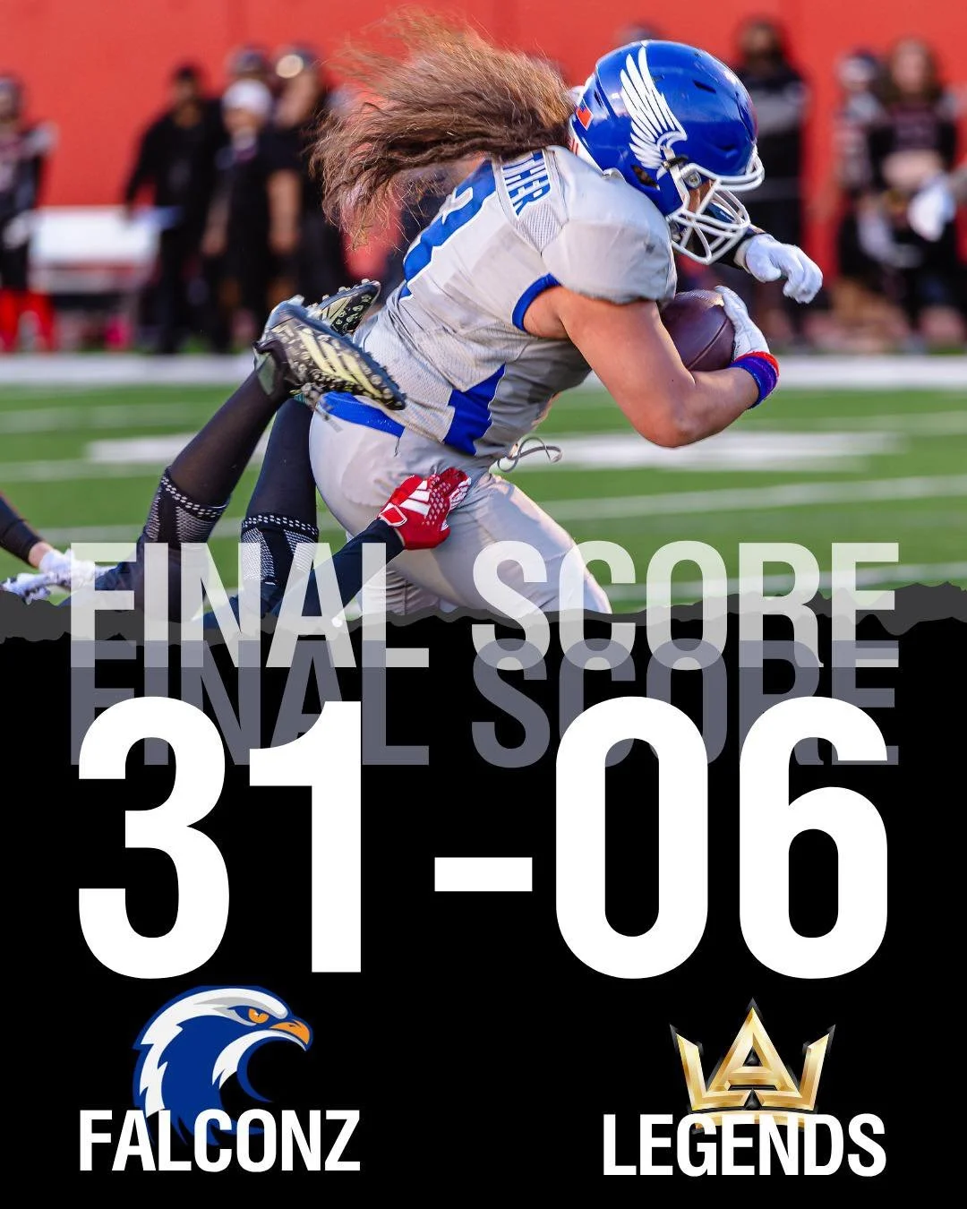 FINAL SCORE 31-6. 
Another step. Not the end.🦅

@lalegendsfootball
@wnfcfootball
#WNFC #WNFCFootball #StepYourGameUp #FootballLooksLikeThis #BuiltDifferent #HerGame #StrongerTogether #Utah  #WomensTackleFootball #UtahFalconz #FalconzFamily #WingzUp 