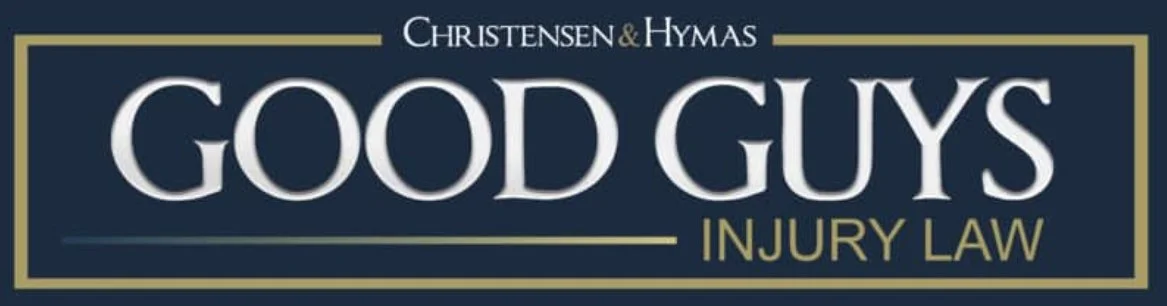 Logo for 'Good Guys Injury Law' featuring the text 'Christensen & Hymas' in the top right corner, with a dark blue background and a gold border.