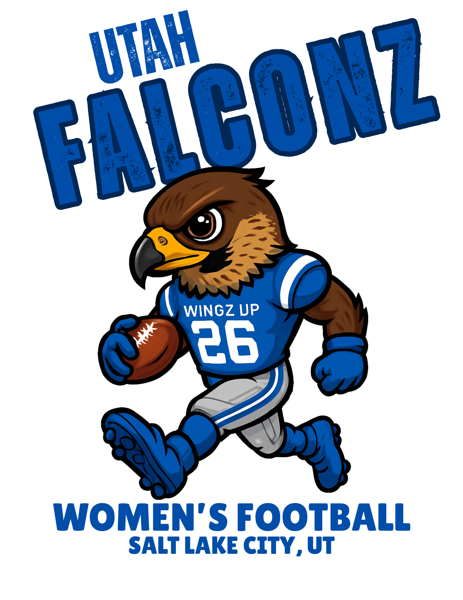 Cartoon illustration of a falcon wearing a blue football uniform with the number 26, running while holding a football. Text above says 'Utah Falconz' and below says 'Women's Football Salt Lake City, UT'.