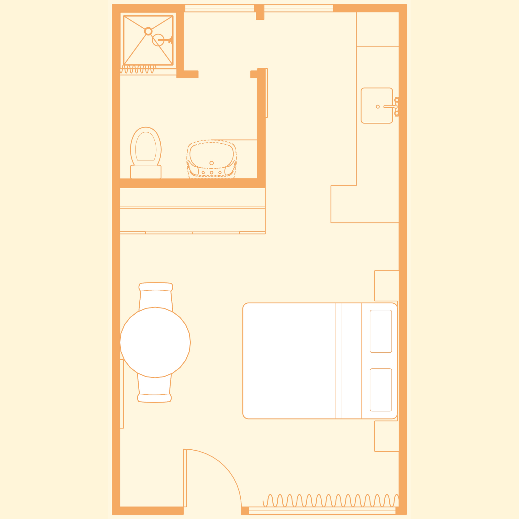 Floor plan of Queen Studio with bathroom, and kitchenette, featuring a bed and table with chairs.