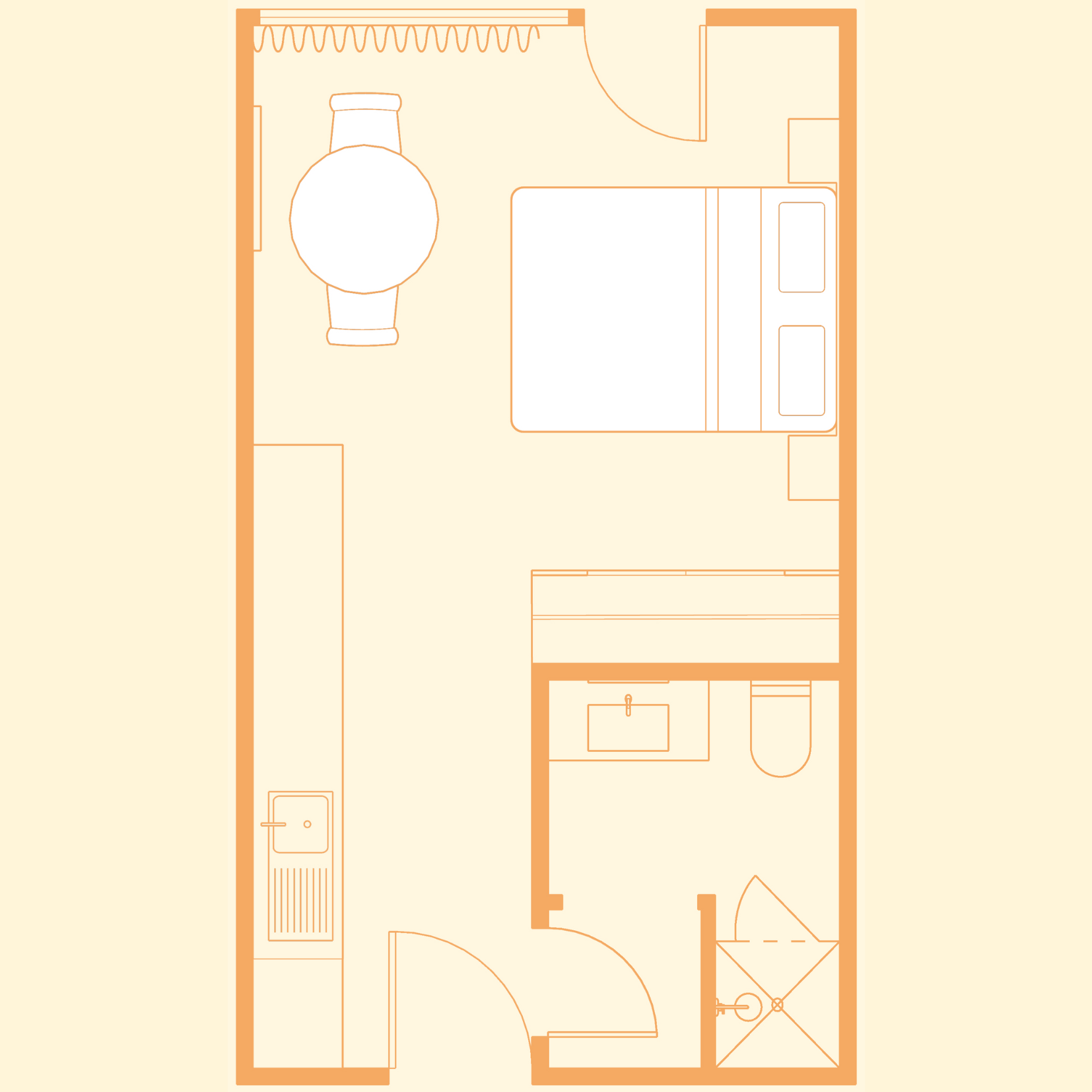 Floor plan of a Deluxe Studio with a open plan room, bathroom, kitchenette, and dining area. Features include a bed, table with chairs, wardrobe, kitchen sink, shower, and toilet.