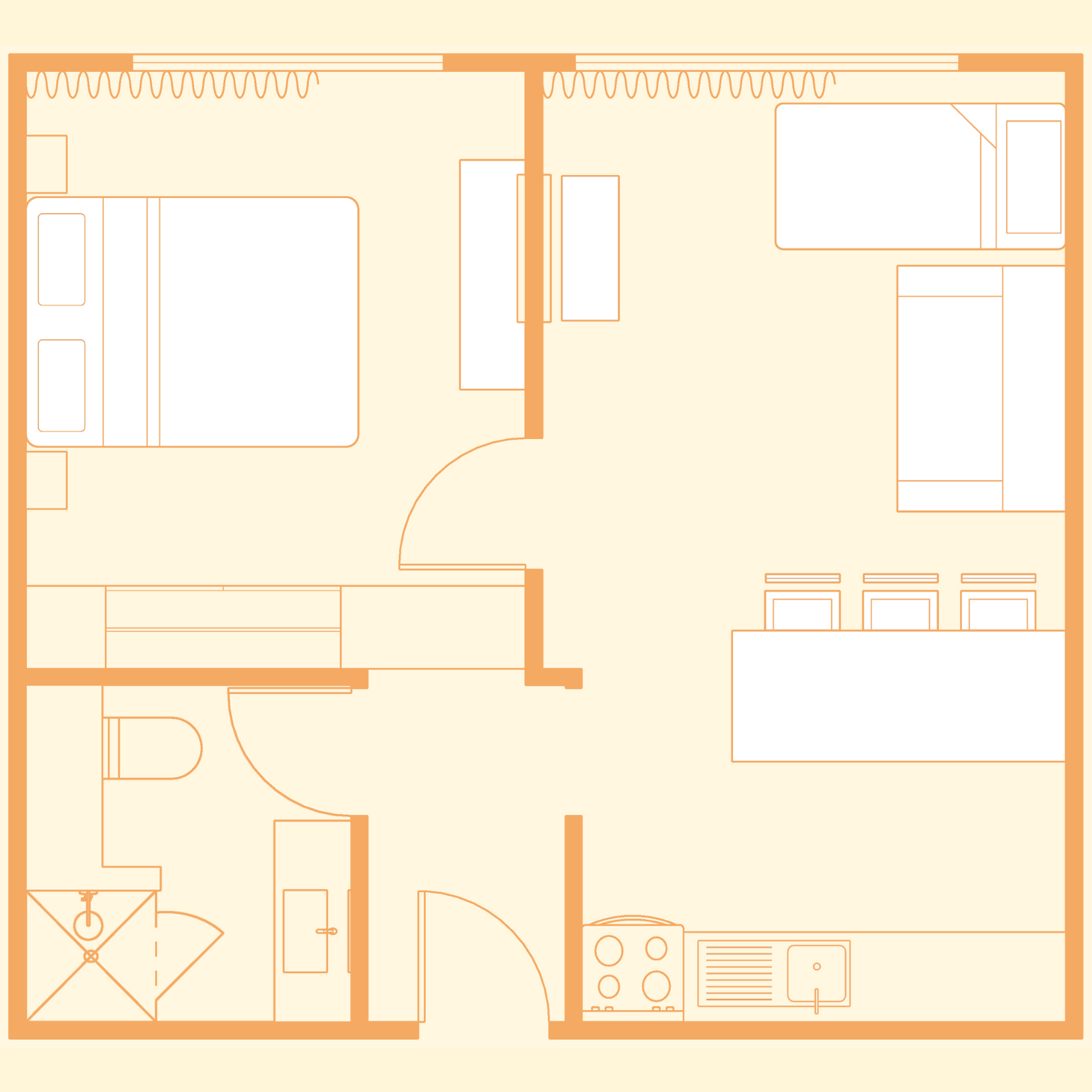Floor plan of a deluxe queen suite, 1 bedroom, a bathroom, a kitchen, and a living area.