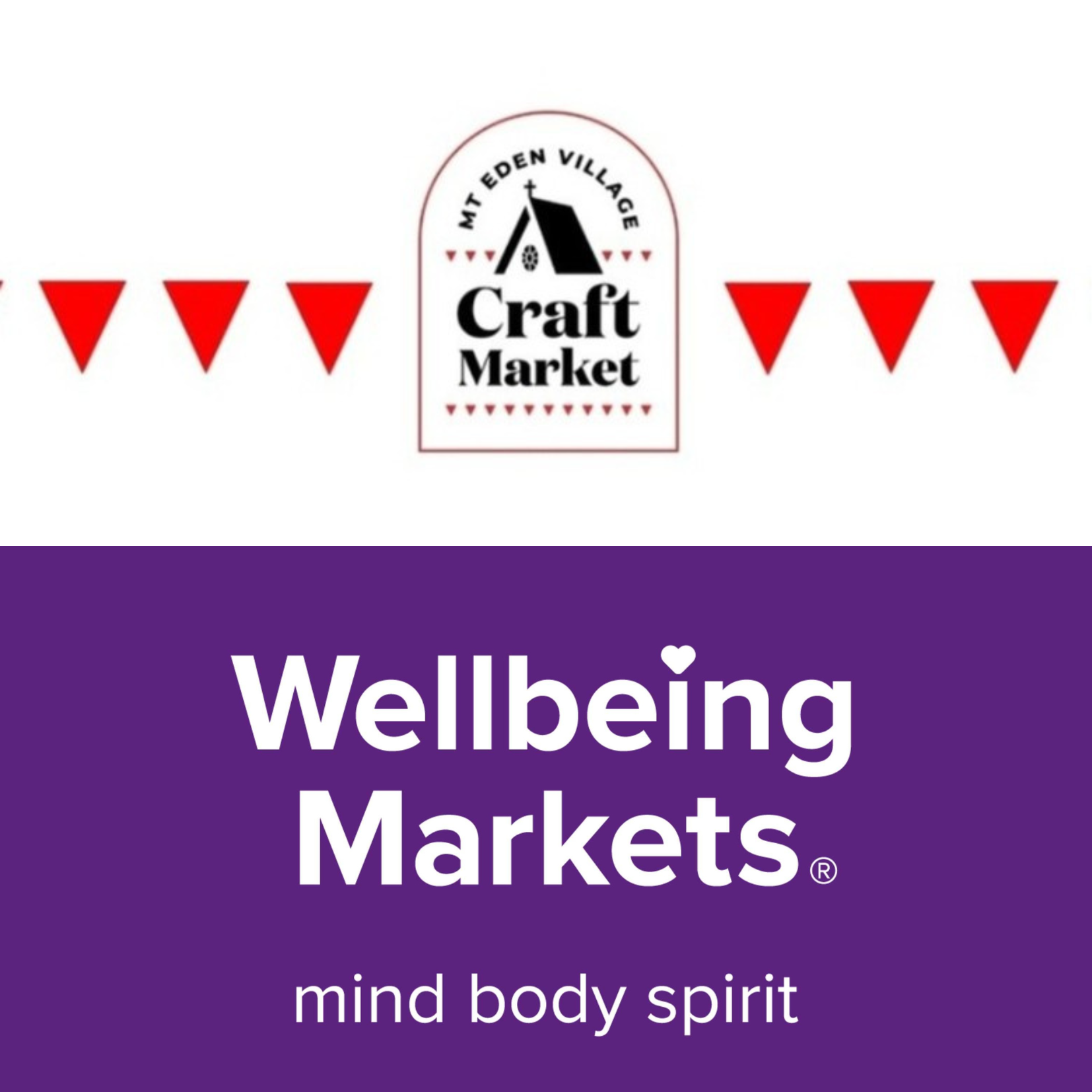Mt Eden Village Craft Market logo with triangular banner. Underneath is purple background with white text reading "Wellbeing Markets" and a small white heart.