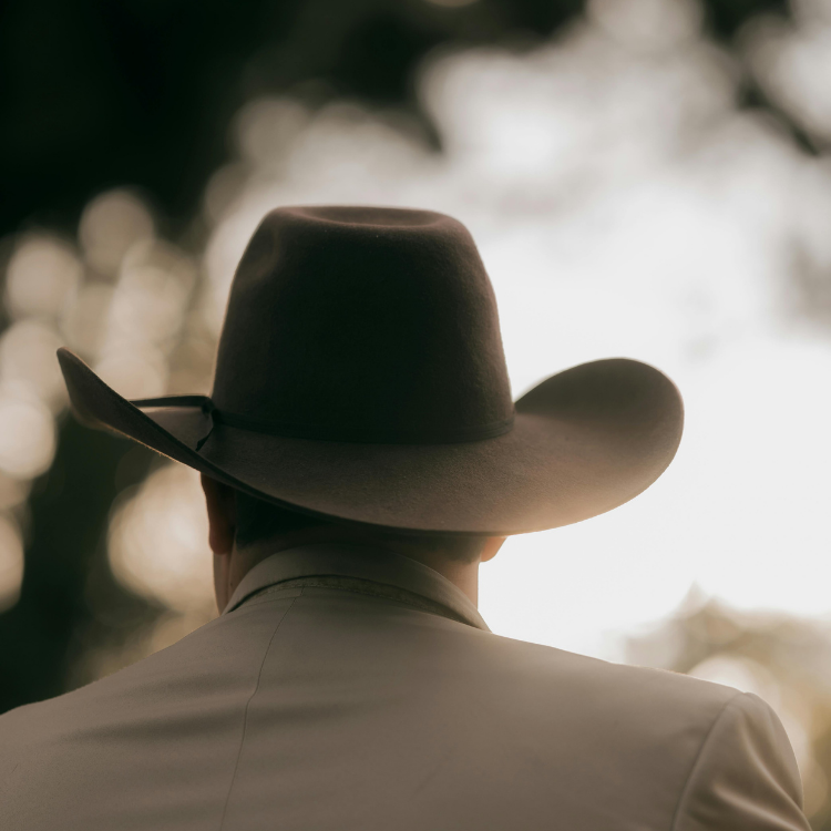A person wearing a cowboy hat and a light-colored shirt, seen from behind, outdoors during sunset or sunrise.