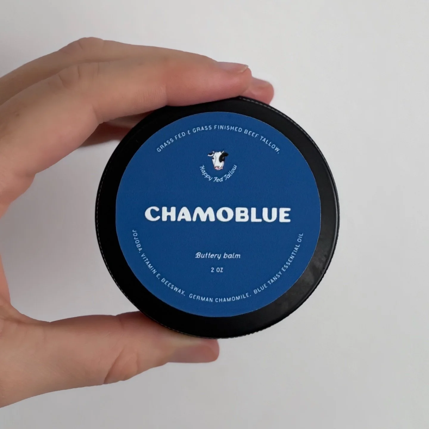 Our blue tansy balms are here! ☀️ tallow, jojoba, vitamin e, blue tansy, &amp; infused with German chamomile. The solid balm has beeswax &amp; the whipped has frankincense added. $25 for 2 oz. 

Aniel loves the solid balm for dry hands but my fav is 