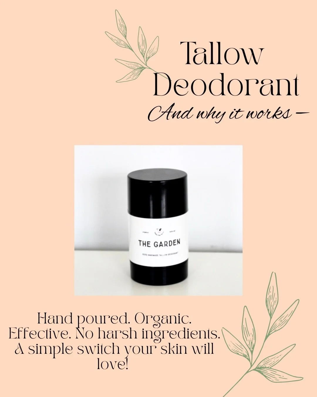 A little bit about our magnesium tallow deodorant! Our fav scent is The Garden- even for my husband, I love when he wears it 😂 we also have The Woods &amp; The Grove which we love! More info on our website. 🌿