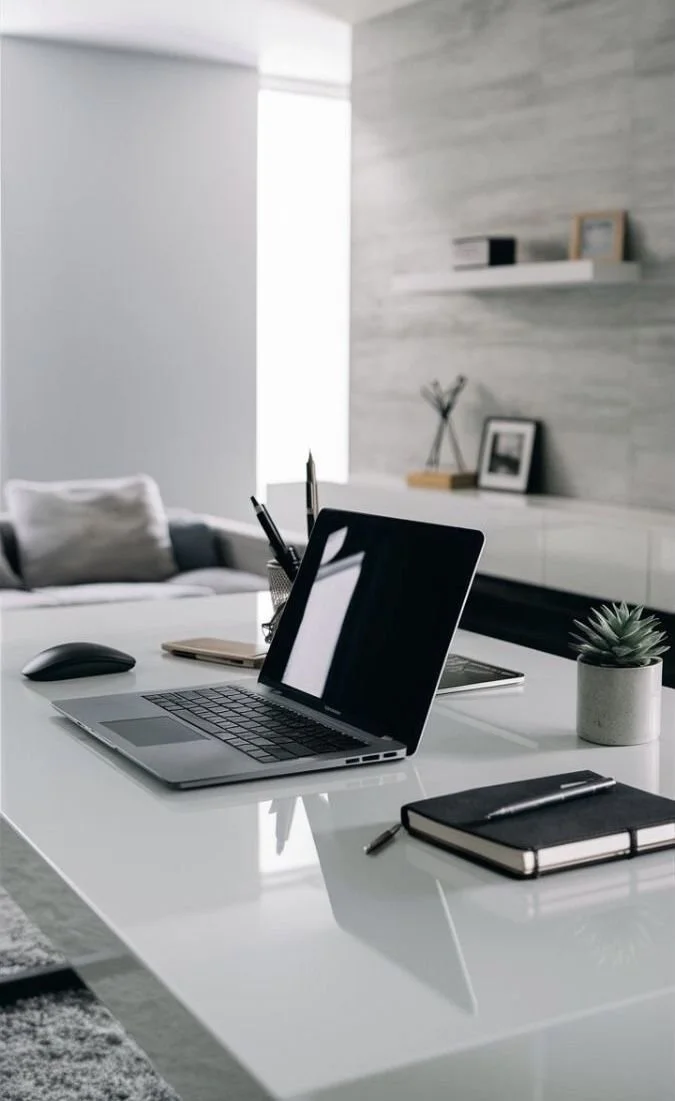 Un bureau moderne avec un ordinateur portable, une souris, un carnet, un stylo, une plante grasse en pot et quelques stylos dans un support sur une table blanche dans un salon épuré.