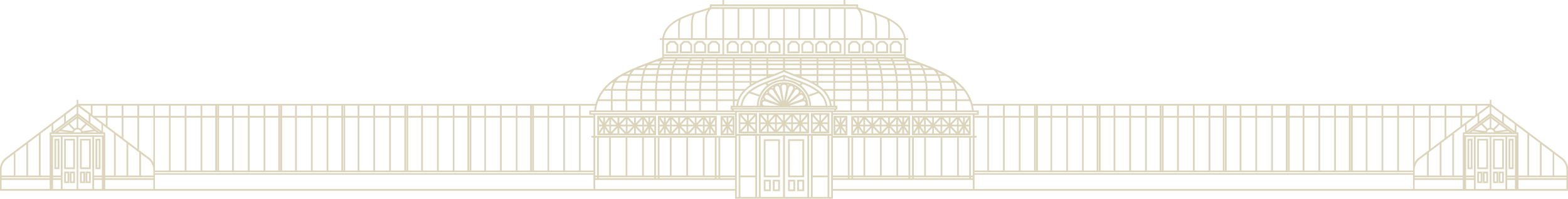 Outline drawing of a large greenhouse or conservatory with a central dome and glass walls.