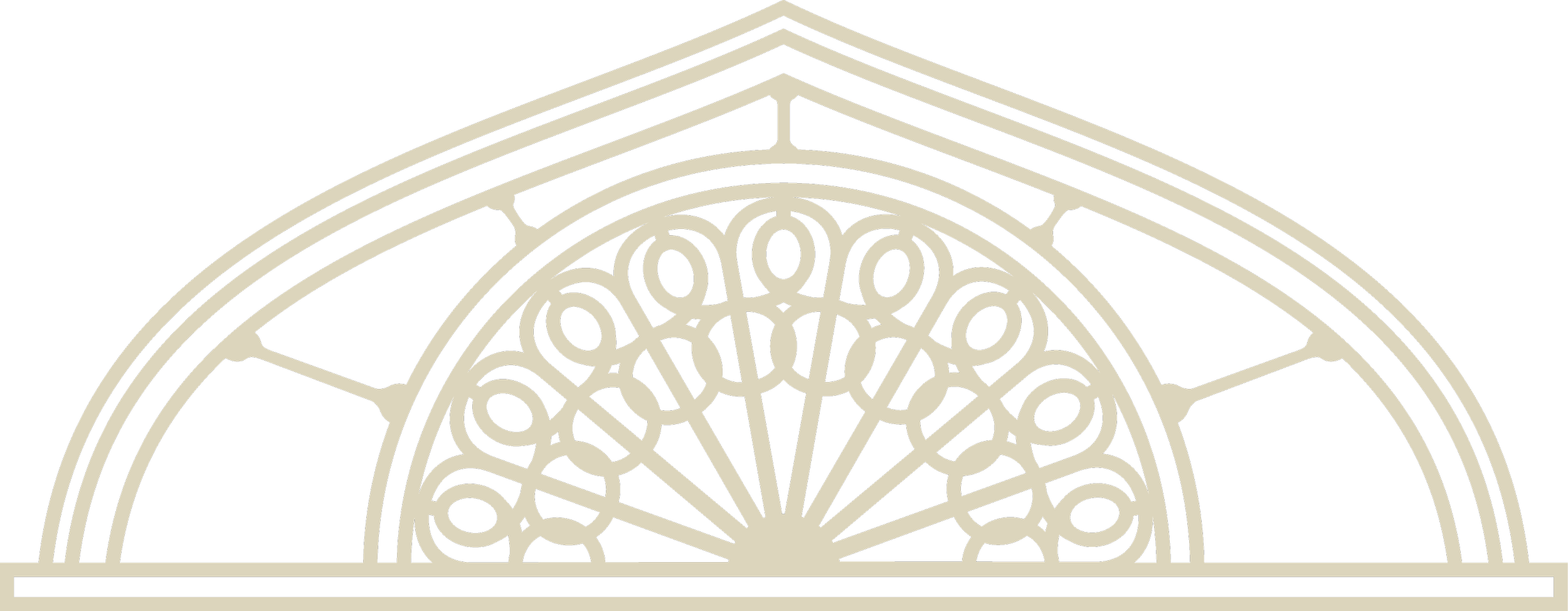 Close-up of a decorative, beige-colored stained glass window with intricate floral and geometric patterns on a black background.
